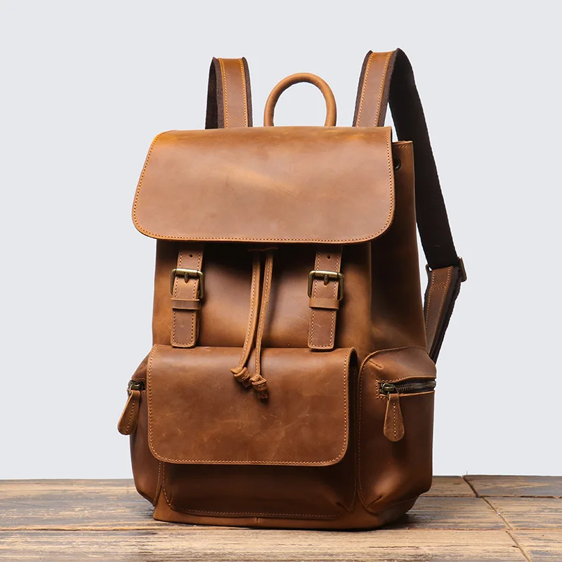 Vintage New Luxury Causal Backpack Crazy Horse Leather 15.6 Computer Bag Pack Men Travel Rucksack Mochila Student Schoolbag 2025