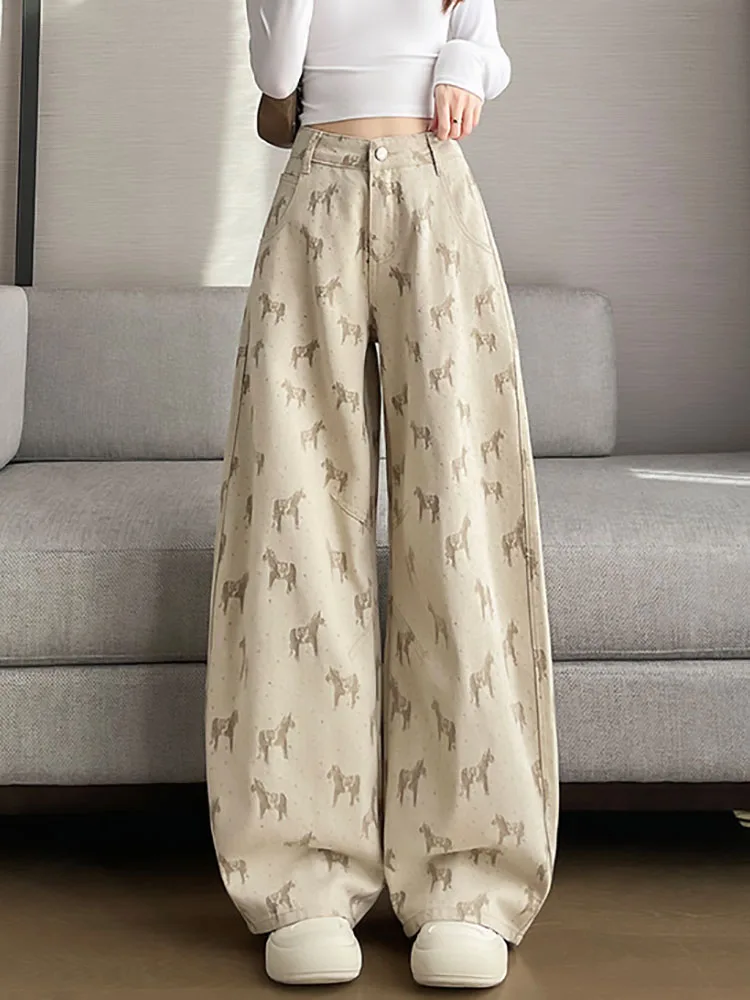 Khaki Pony Printed Jeans for Women Autumn New High Waisted Straight Leg Pants Retro Casual Commuter Wide Leg Denim Pants
