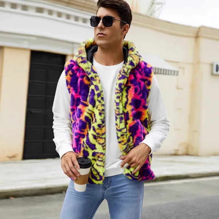 Autumn and Winter New Fashion Mens Warm Vest Imitation Fur Leopard Print Contrasting Plush Vest