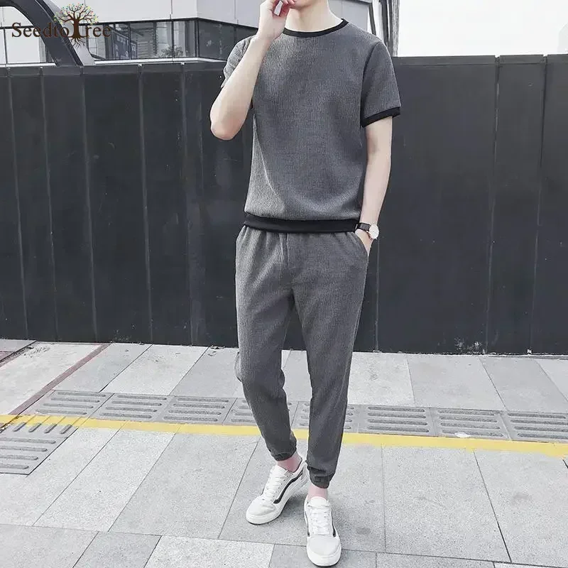 

Summer Ice Silk Men's Sets Solid Color Short Sleeve O-neck T-Shirt Elastic Waist Casual Pants Two Piece Set