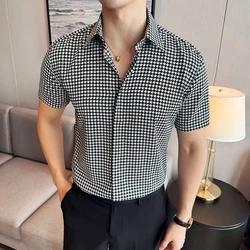 Thousand Bird Grid Men Short Sleeve Shirt 2024 Summer New Thin Business Casual Stretch Slim Fit Shirt High Quality Men Clothing