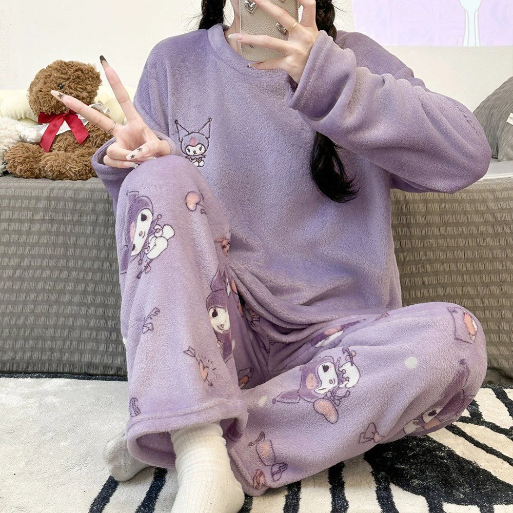 Sanrio Pompom Purin Winter Pajamas Y2K Kawaii Cartoon Women's Warm Sleepwear Pant Long Sleeve Nightwear Flannel Home Clothes New view 4