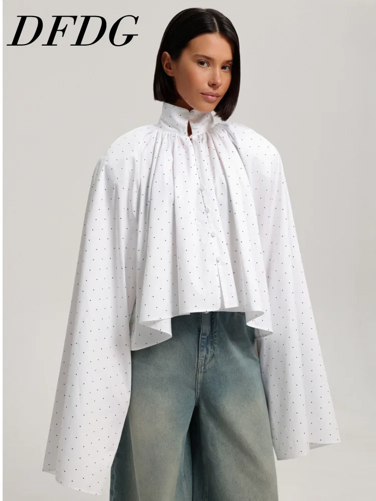 

DFDG Women 2026 Spring Summer Polka Dot Blouse Stand Collar Batwing Sleeve Button Front Asymmetrical Hem Casual Loose Shirt