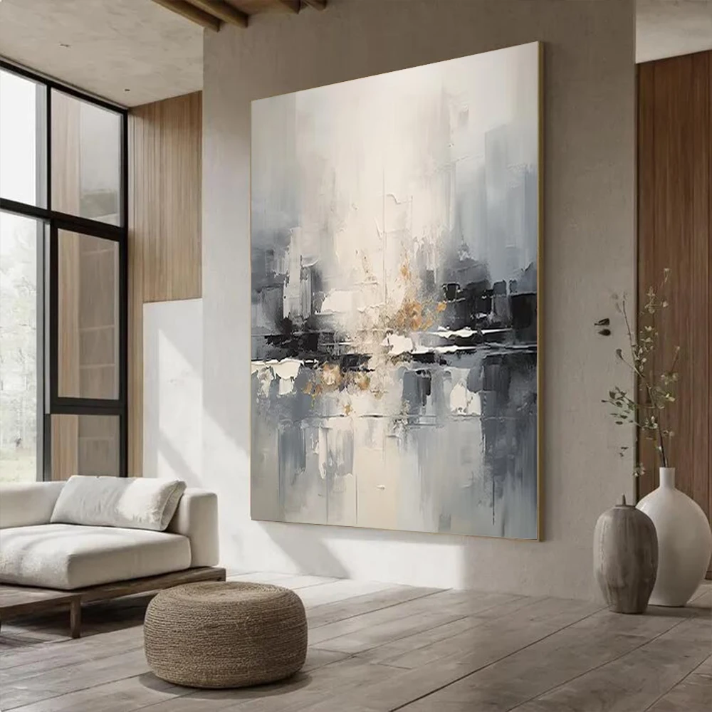 

Large Black Abstract Oil Painting on Canvas Gray Wabi-Sabi Handmade Wall Art White Modern Minimalist Artwork for Living Room Dec