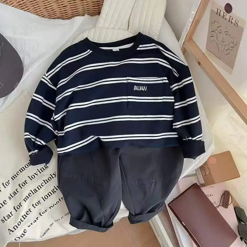 

Cotton Base Shirt For Spring And Autumn New Style For Babies Simple Striped Embroidered T-shirt For Boys And Girls Cotton Top