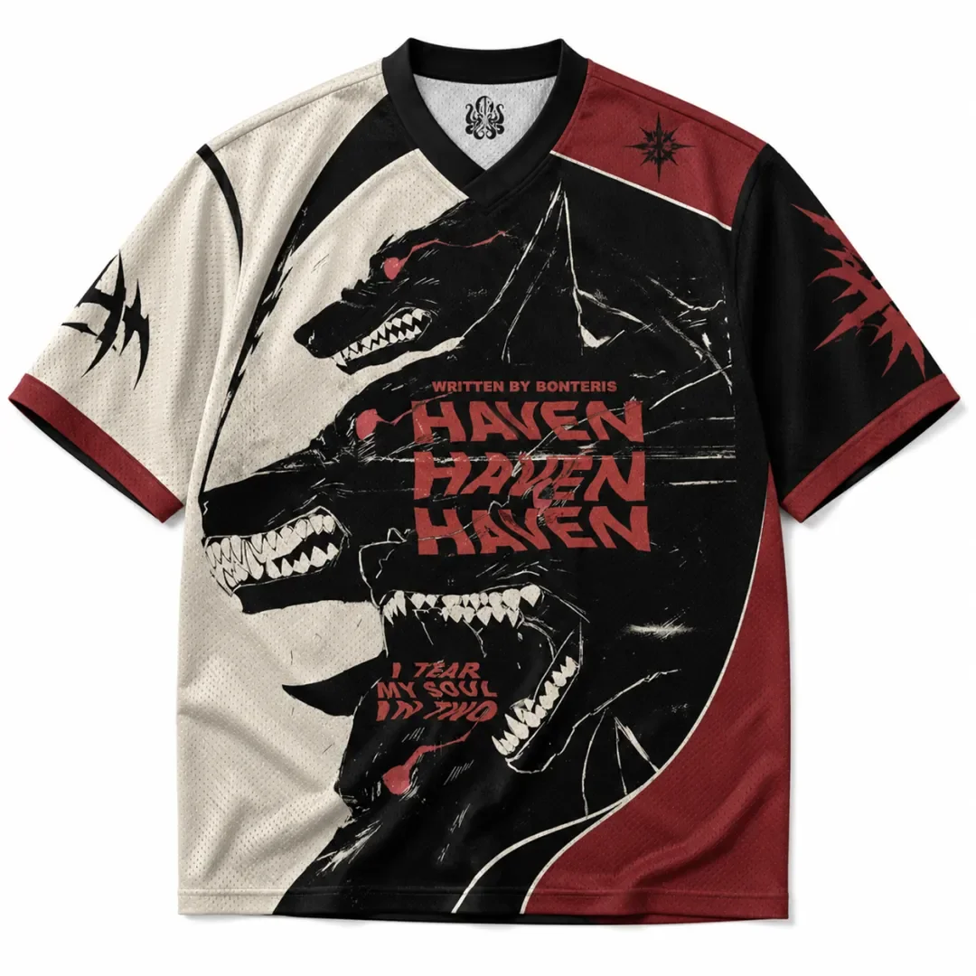 Three Angry Wolf Head Printed Black and White Red V-neck Mesh Heavy Metal Punk Pattern Short Sleeve Street Sports T-shirt