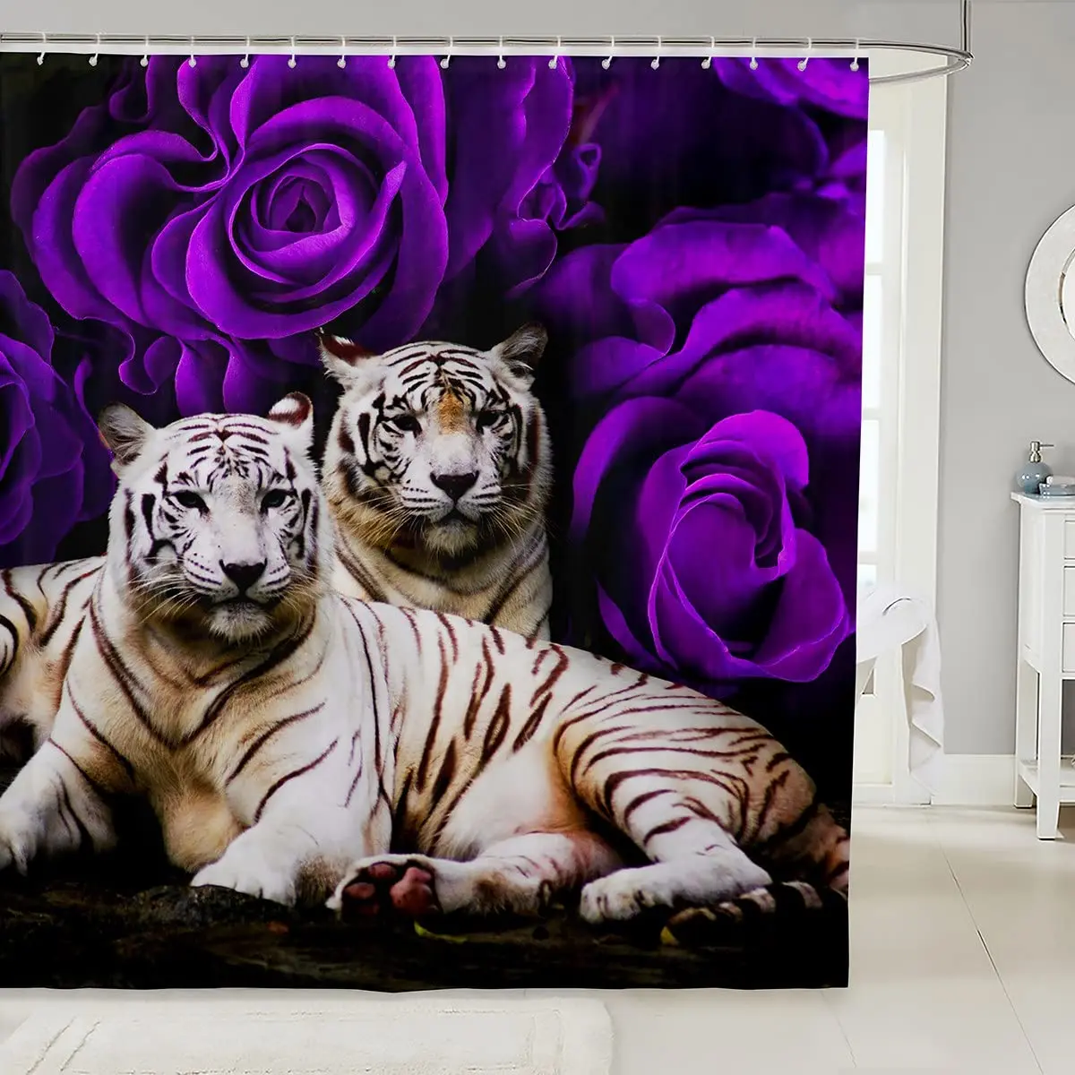 Royal Blue Rose and Tiger Shower Curtain Flower Plant Safari Animal for Men Women Fabric Waterproof Polyester with 12 Pack Hooks