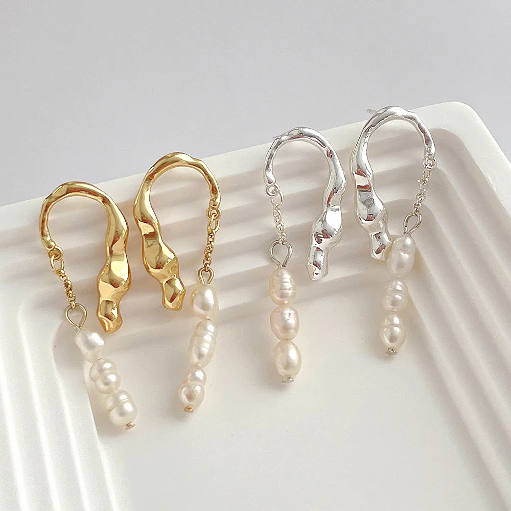 kshmir Korea Simple design sense irregular metal freshwater pearl pendant earrings elegant style women\'s earrings
