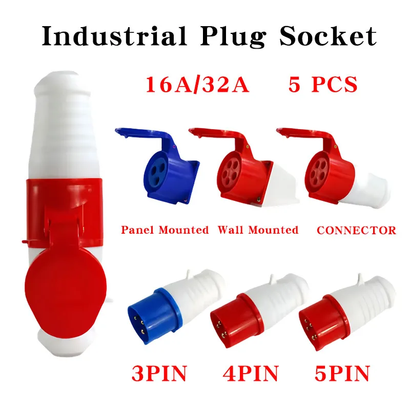 

5 Pcs Industrial Waterproof Plug and Socket, 3PIN 4PIN 5PIN 16A/32A, Wall Mount Electrical Connector for Secure and Durable Use