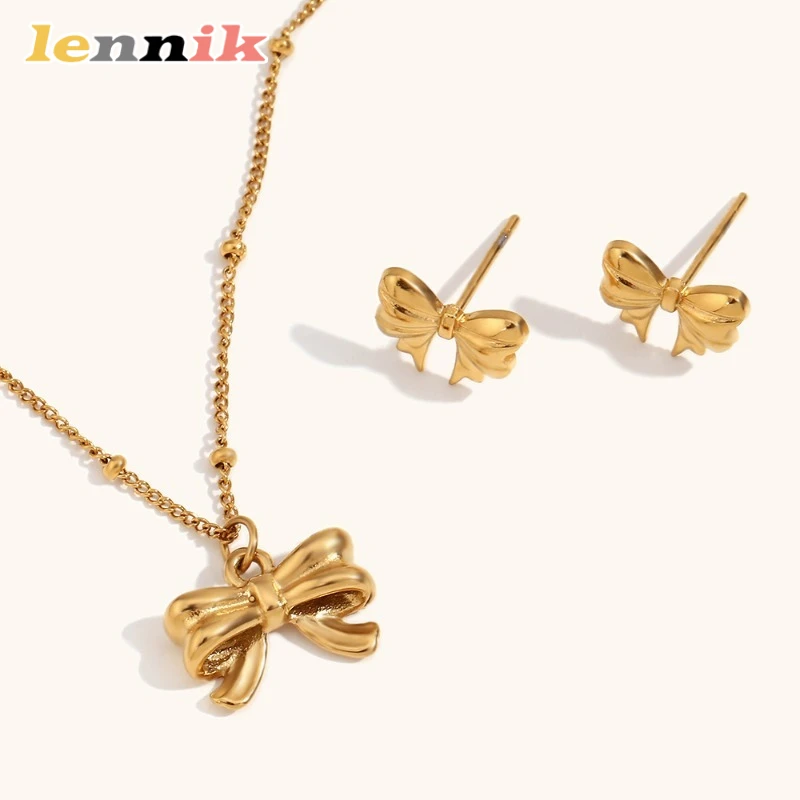 LENNIK ファッション ステンレススチール メッキ 18K ゴールド ミニ クラシック パール チェーン ボウ ペンダント イヤリング ネックレス、女性用ネックレス