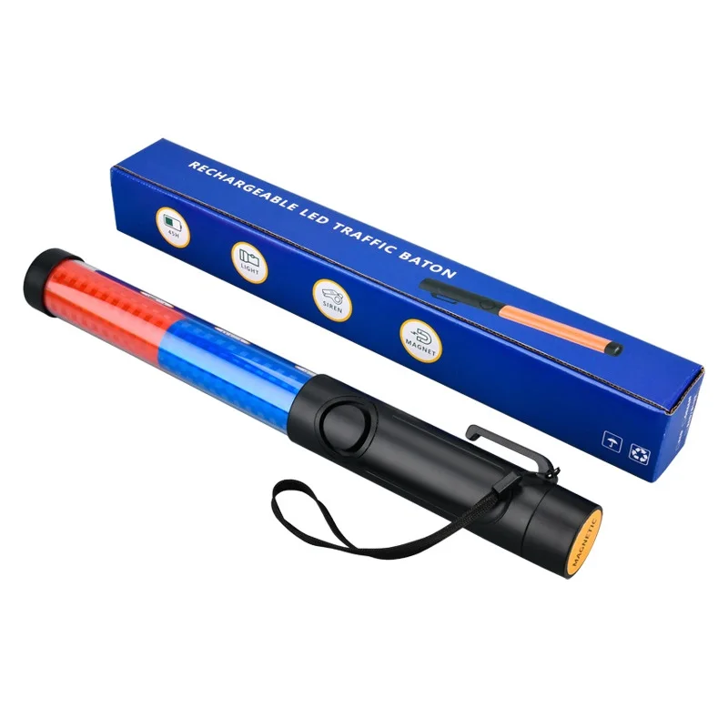 35cm Emergency Rechargeable Command Red Blue LED Flashing Fluorescent Stick Traffic Light Magnetic Suction Whistle Type-C