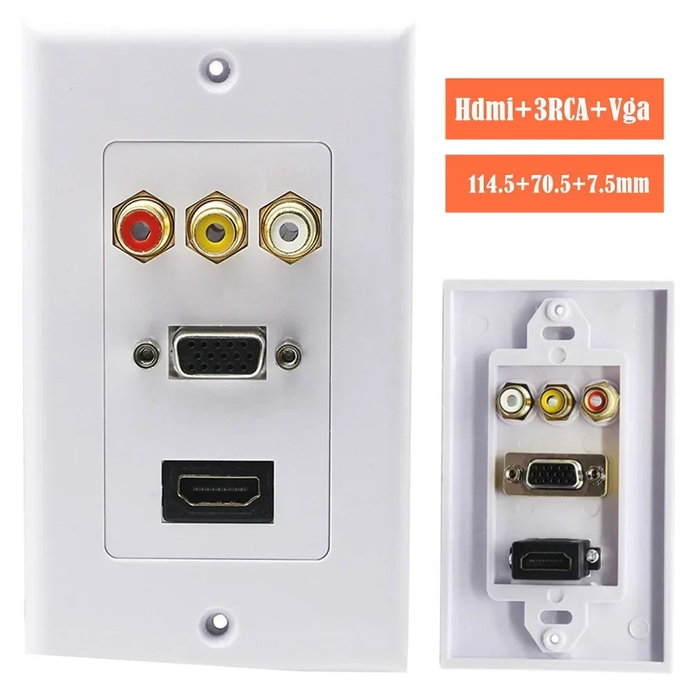 Hdmi VGA 3RCA Combo Home TV AV Outlet Audio Video Wall Plate Face Cover Plate Panel (1 Hdmi+ 3 RCA + 1 Vga)-white