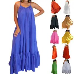 2024 Women Strap Maxi Dress Elegant Bandage Strap Backless Beach Dress Oversized Loose Summer Sundress Solid Color Tank Dresses