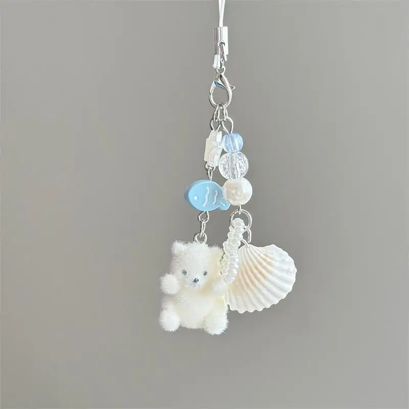 Cartoon Animal Flocked Polar Bear Shell Keychain Pendant Backpack Ornament Bag Lanyard Phone Chain Children Gifts Keyring
