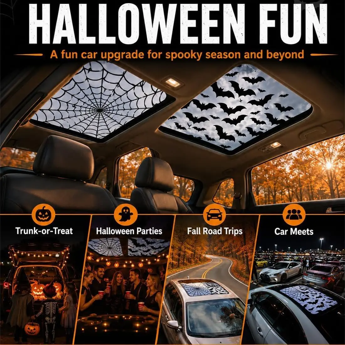 Auto-Schiebedach-Aufkleber, Halloween, gotisches Spinnennetz, Fledermäuse, abnehmbare, wasserdichte, selbstklebende Vinyl-Aufkleber für SUV, Limousine, Herbstdekoration – Detail 2