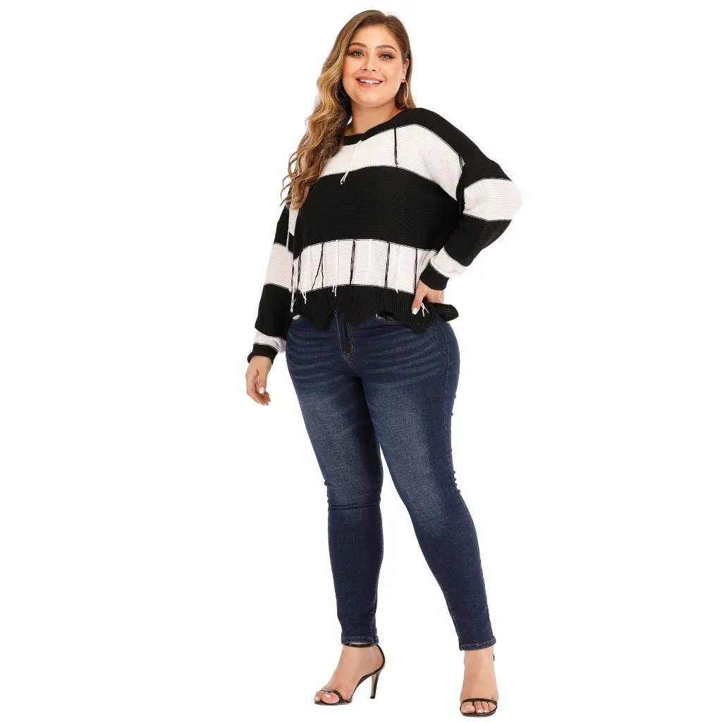 

Цельный Прямая поставка больших размеров, сексуальный полосатый пуловер с открытой спиной и длинными рукавами и кисточками, свитер для женщин в европейском и американском стиле