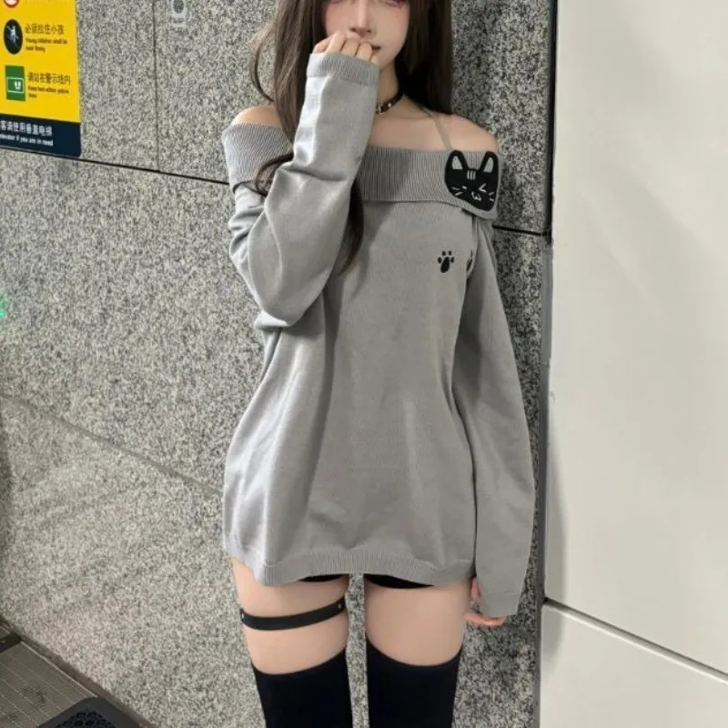 

2025 New Spring Kawaii Off-Shoulder Tops Women Cute Loose Knitting Skinny Long Sleeve Pullovers Japanese Fashion Print Pullovers