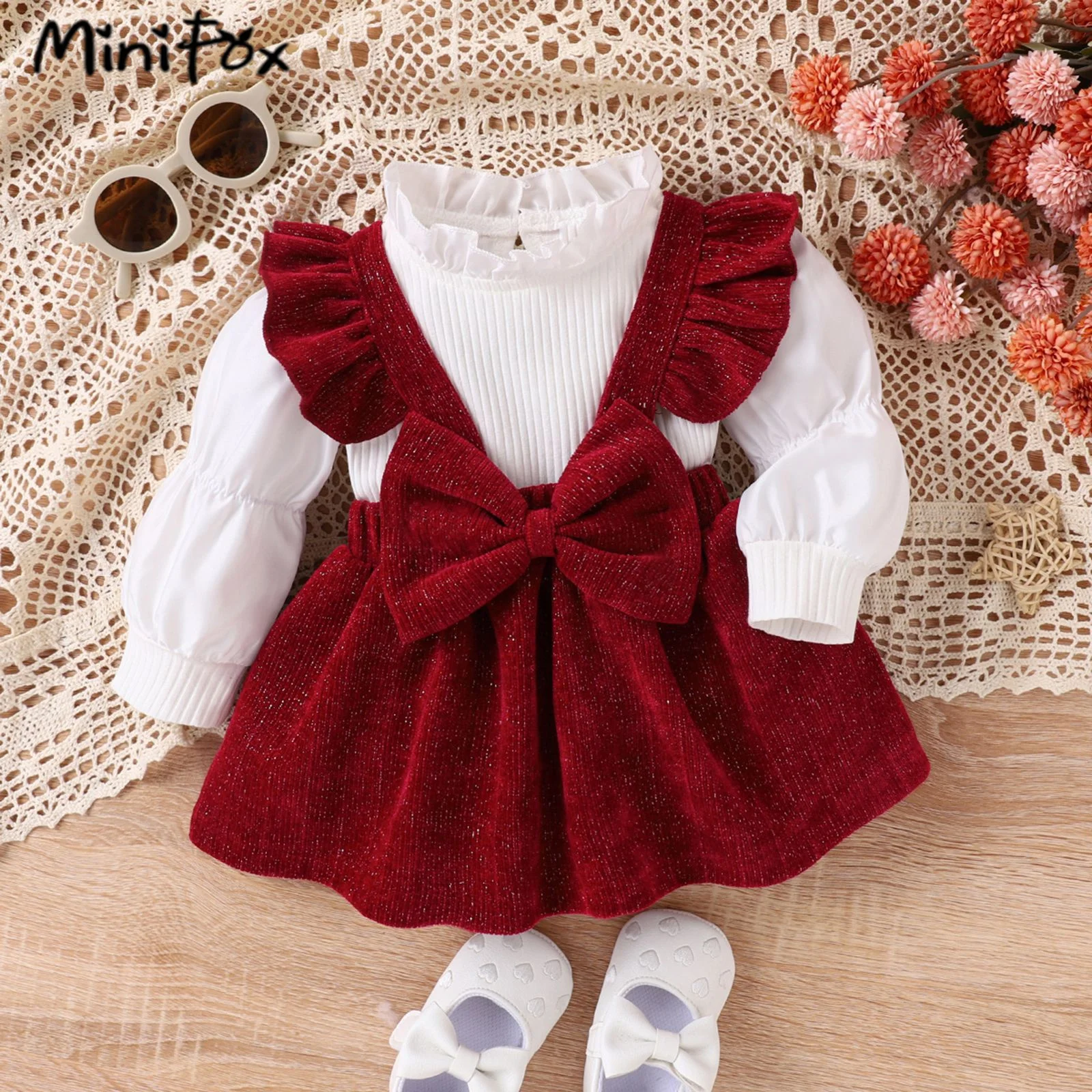 MiniFox Baby Girls Outfit Sets Red Birthday Lace Sleeve White T-shirts and Bow Corduroy Skirts Toddler Girls Clothes 2pcs Sets