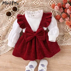 MiniFox completi per neonate set t-shirt bianche con maniche in pizzo di compleanno rosso e gonne di velluto a coste con fiocco vestiti per bambine 2 pezzi