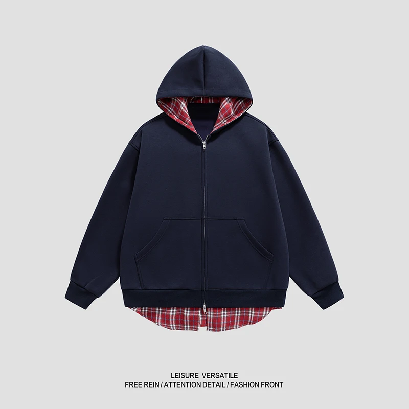 

2025 New Men's Hooded Zipper Jacket, Two-Piece Plaid Hem, Soft and Breathable, Casual, Suitable for Everyday Wear