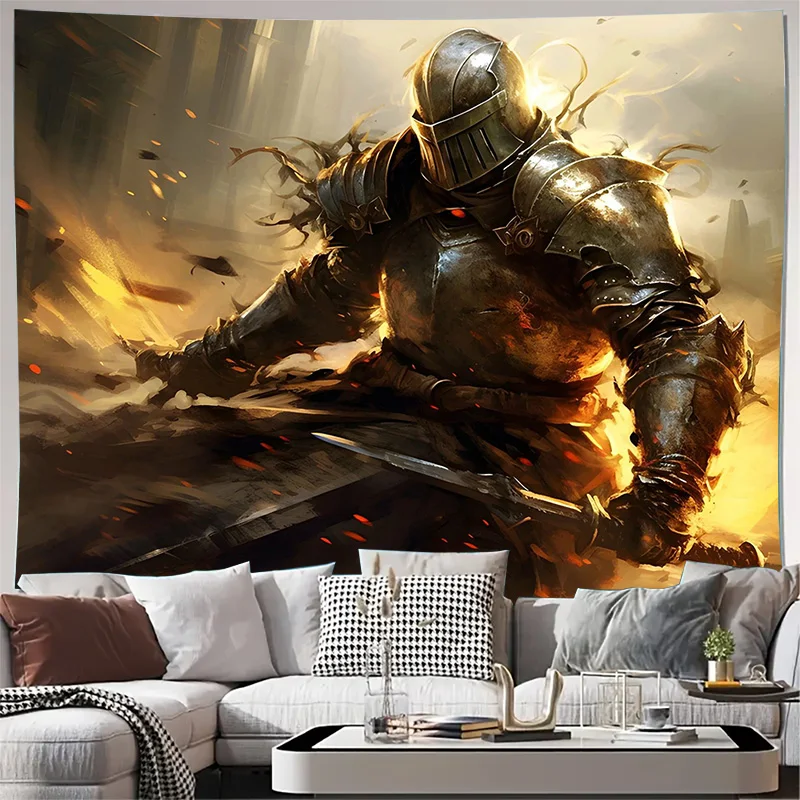 Fantasy-themed wall art featuring a powerful knight charging through battle perfect for adding epic energy to your home decor! T