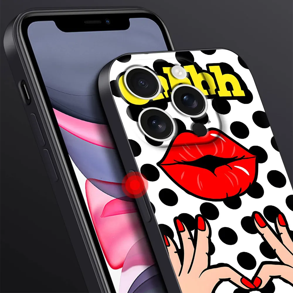 Kiss Red Lips Case for iPhone 15 17 Air 14 11 13 12 Mini 16 Pro Max XR X 16e XS 7 8 6 6s Plus 5 5s Black TPU Frosted Phone Cover