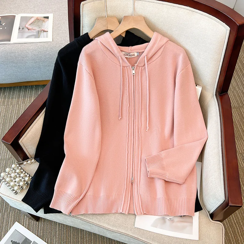 

150Kg Plus Size Women's Bust 150 Autumn Winter Lazy Style Hooded Double Zipper Knitted Sweater Loose Casual Jacket 9XL