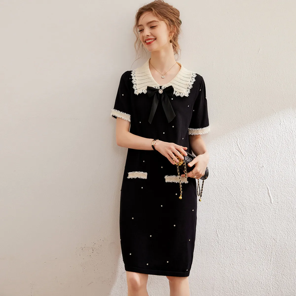 LOUIS YAO Dress Elegant Fashion Summer Dress for Women Office Lady Bow Beading Lace Contrast Color Mid-length Dress