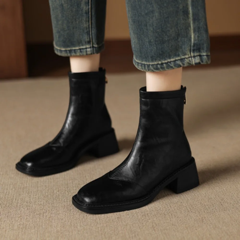 

Autumn Winter Pu Leather Women Boots Fashion Square Toe Shoes for Women Short Boots Women Mujer High Heel Elastic Slimming Boots