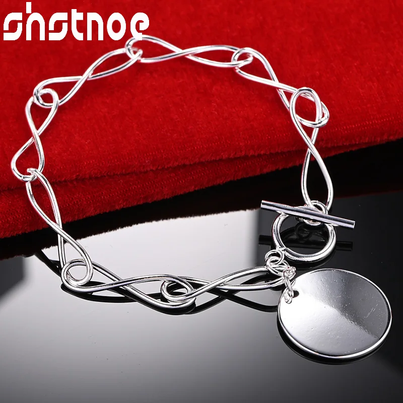 

SHSTONE 925 Sterling Silver Circular Pendant Chain Bracelet For Woman Wedding Accessories Party Birthday Gift Fashion Jewelry