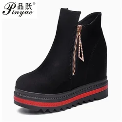 女性用の厚底レザーブーツ,冬用のファッショナブルな厚底ブーツ,丸いつま先,10cm