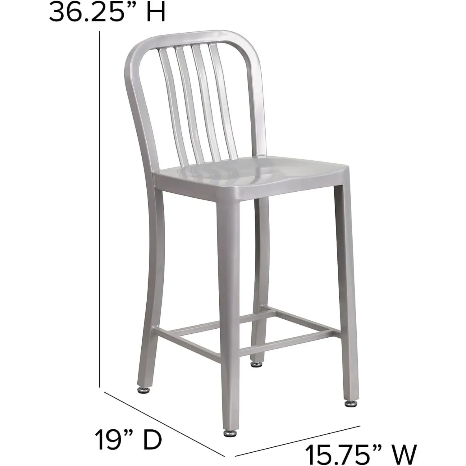 Modern Silver Bar Stool 24 Inch - Vertical Slatted Back Stool with Footrest, Kitchen Counter Stool for Home, Cafe & Bar Decor