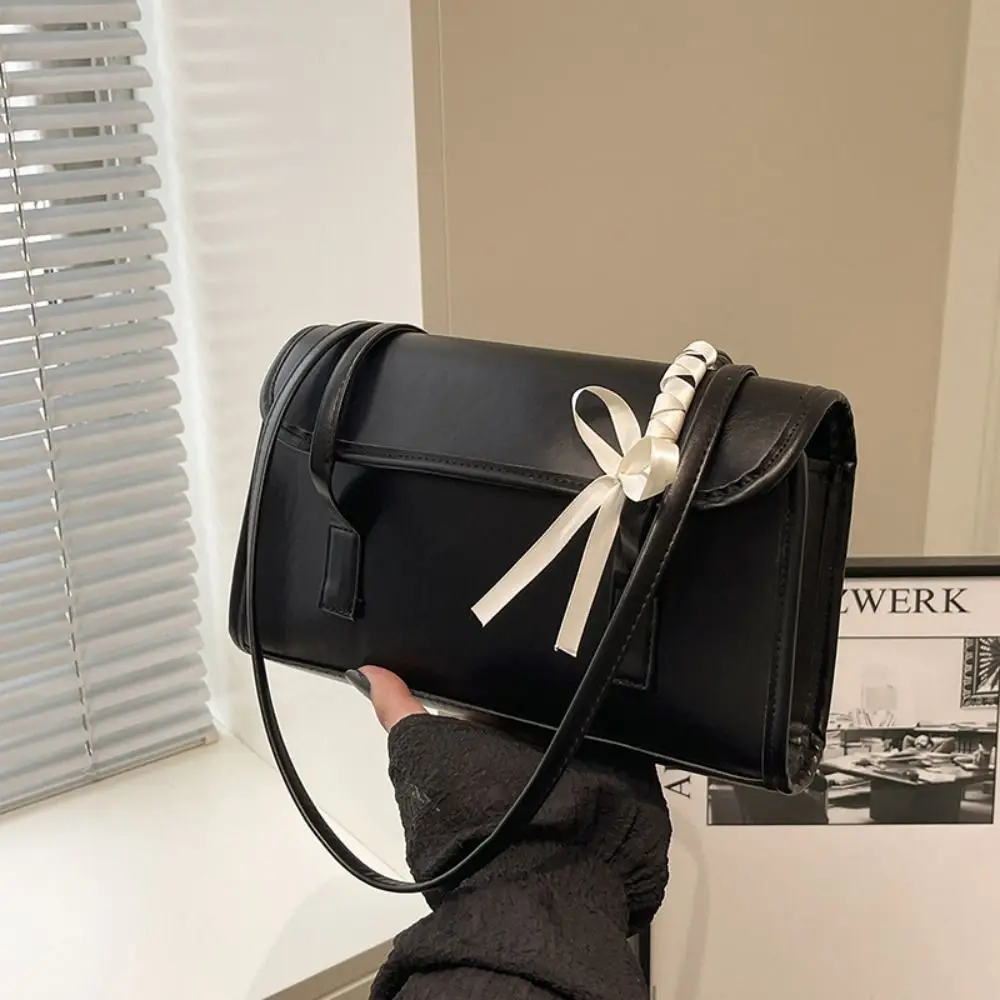 

Y2K PU Leather Underarm Bag Bow Ribbons Solid Color Large Capacity Shoulder Handbag for Girls
