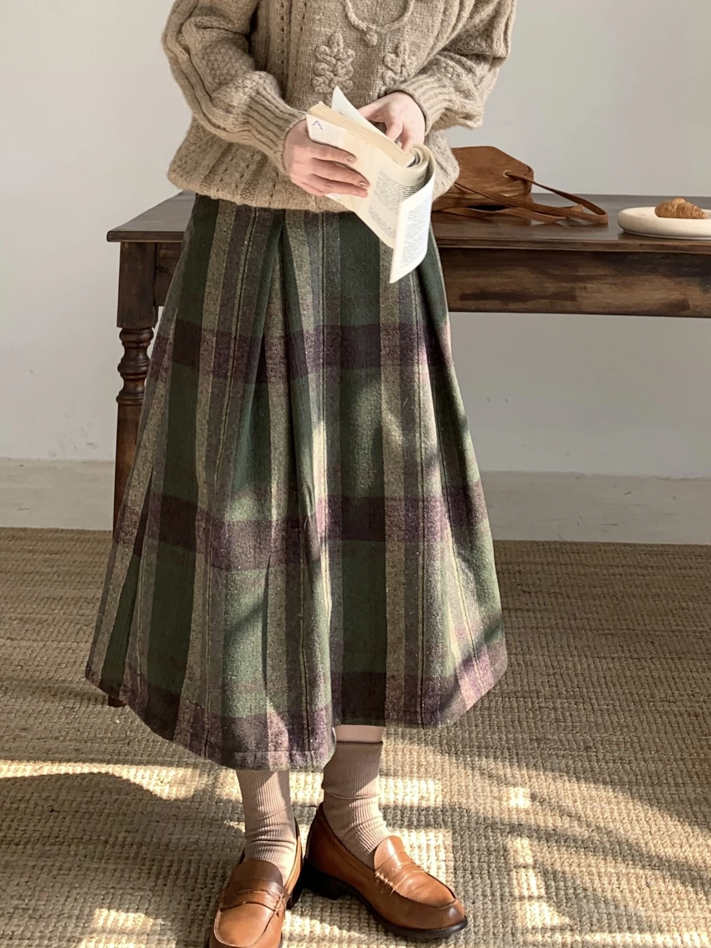 

Юбка-трапеция миди с высокой талией JOENG, осень-зима, винтажная цветная бровая клетчатая эластичная талия, повседневная шерстяная юбка для женщин