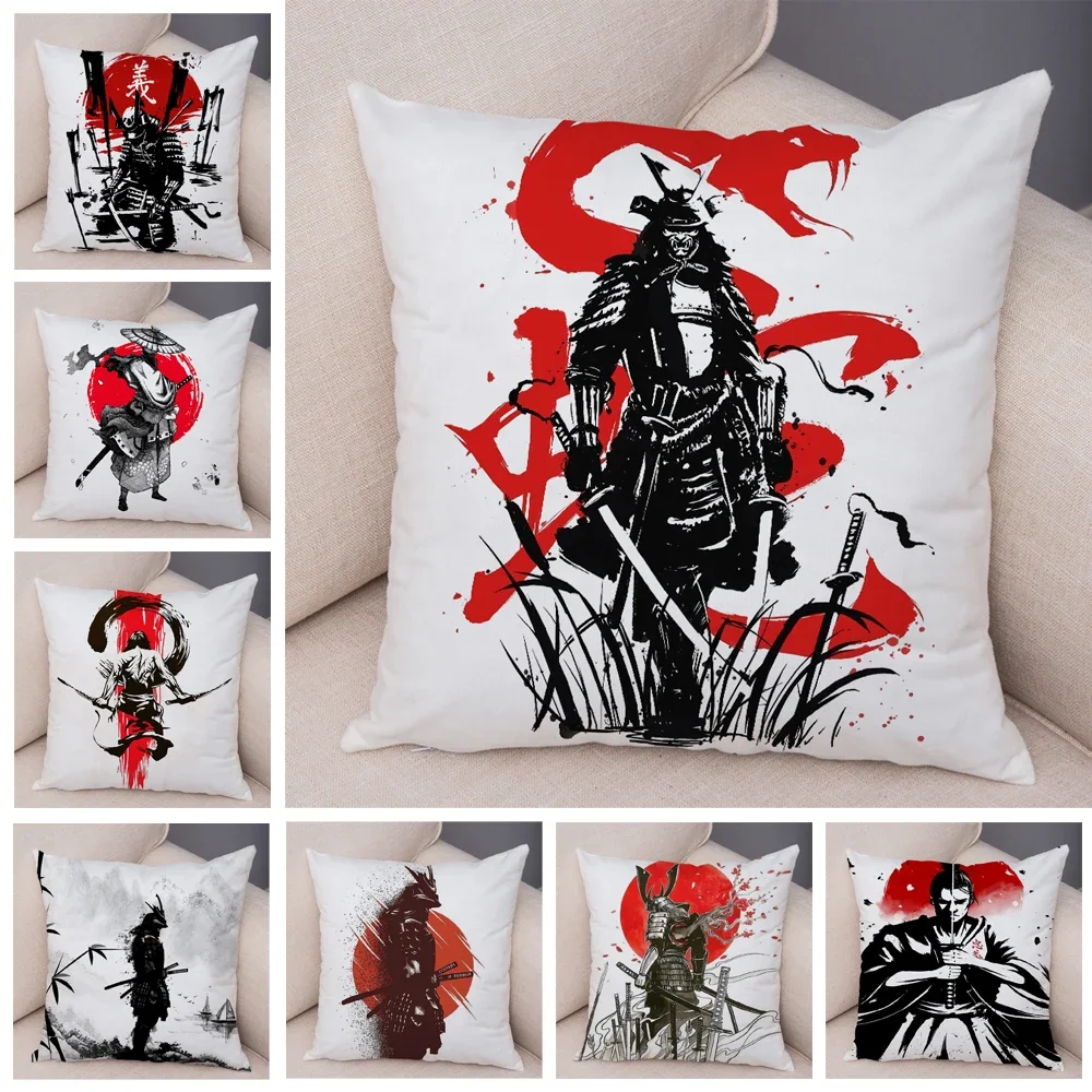 Japan Style Ink Warrior Cushion Cover for Sofa Home Double Print Decor Beautiful Scenery Girl Pillowcase Soft Plush Pillow Case