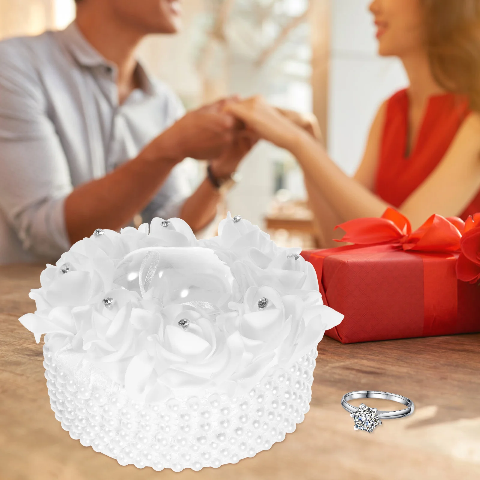 

Wedding Ring Pillow Pearl Decor Exquisite Handmade Craftsmanship Soft Material Elegant Design Wedding Ring Pillow