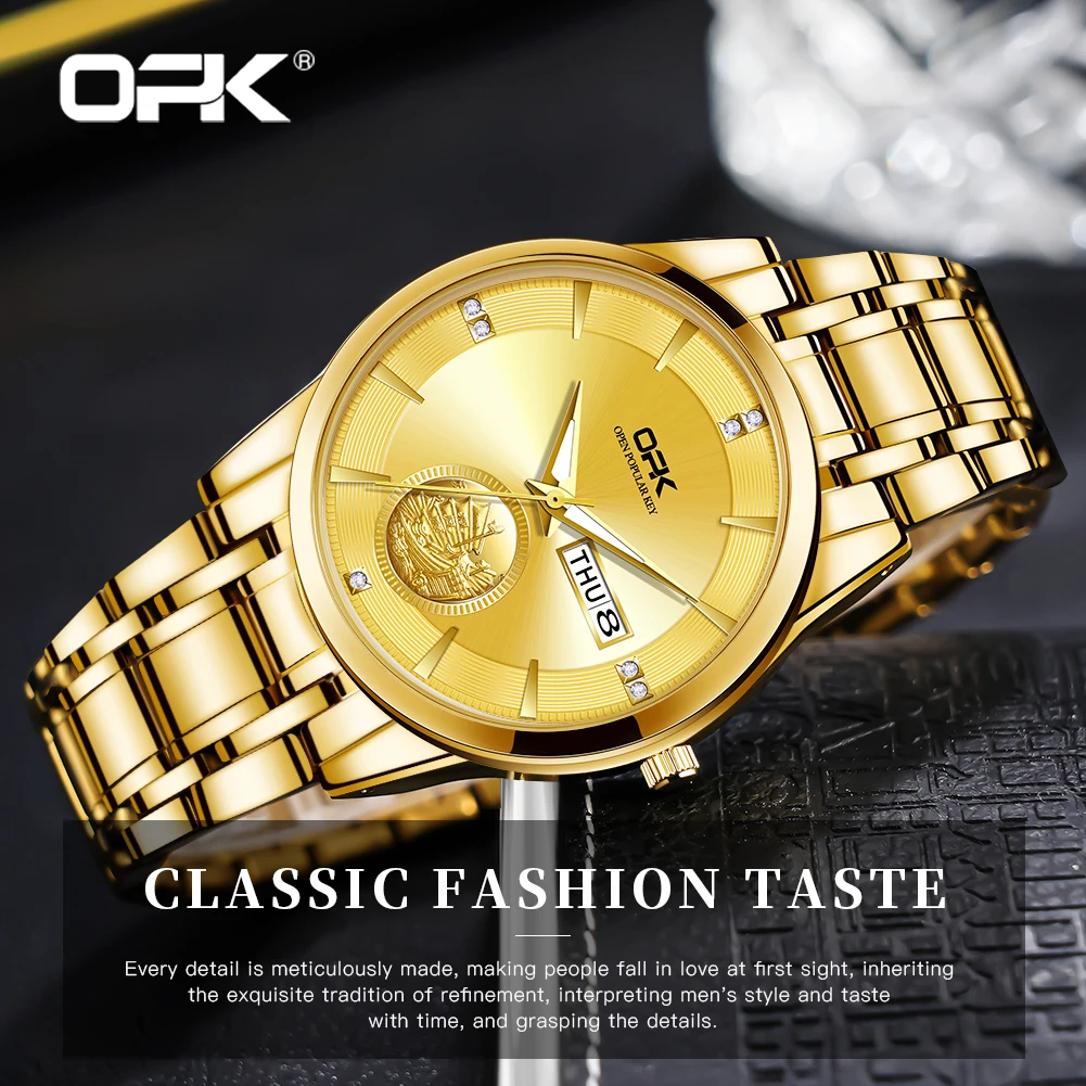 OPK 8131 Classic Luxury Gold Quartz Movement Watch Flash Dial HD Luminous Waterproof Calendar Window Steel Strap Watch Men