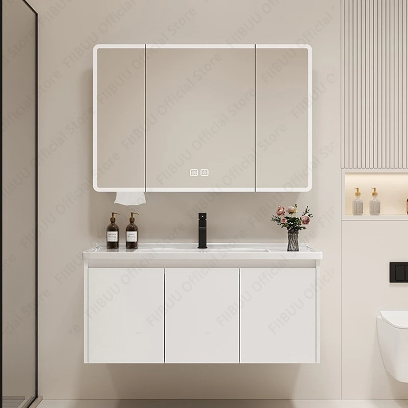 

Bathroom Vanity with Ceramic Integrated Sink Smart Mirror Set Cabinet Wall-Mount Aluminum Storage Cabinet with Faucet Combo