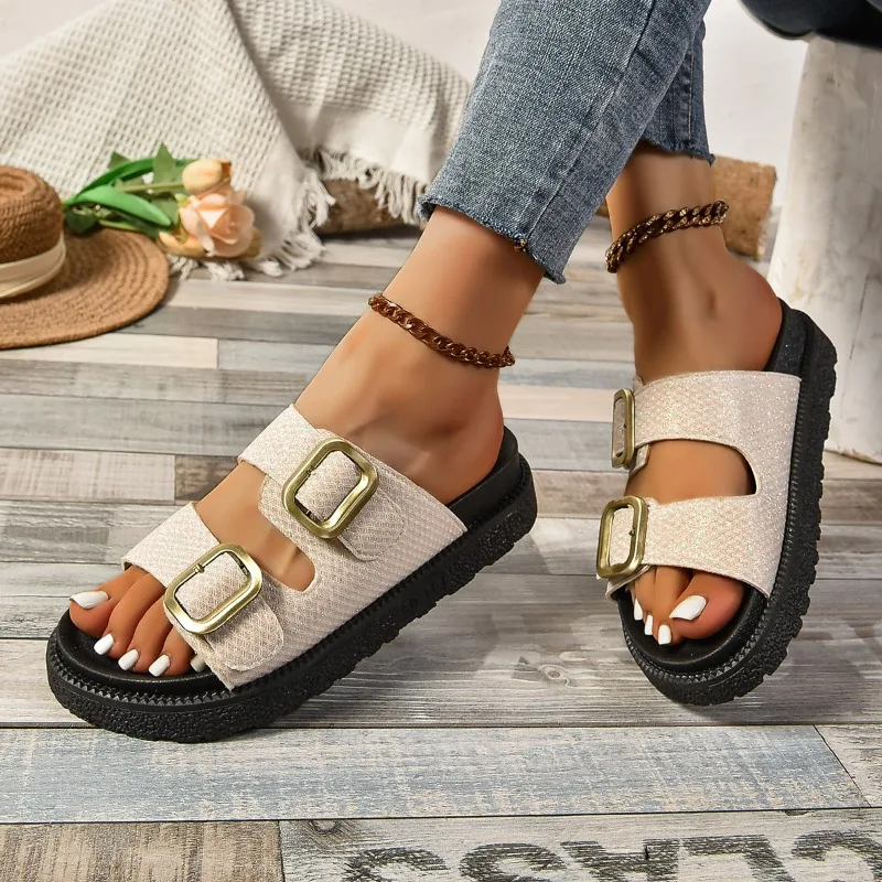 Women\'s Slippers Summer New Thick Bottom Round Head Open Toe Cowhide Buckle Slippers Casual Comfort Increase Non-slip Sandals