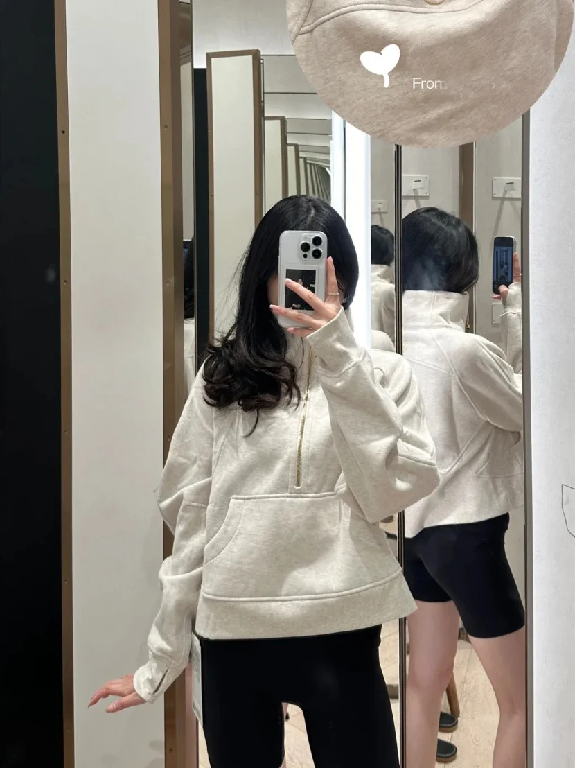 

LULU FLORA Нейлоновая осенне-зимняя спортивная толстовка с воротником-стойкой и флисовой подкладкой, теплая куртка для бега на открытом воздухе, свободная повседневная одежда