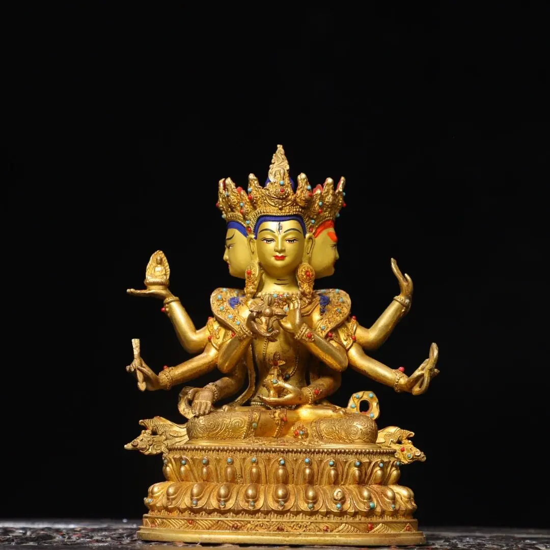 Ushnishavijaya Three Heads Eight Arms Brass Gold Gilded Tibetan Buddha Home Temple Decor