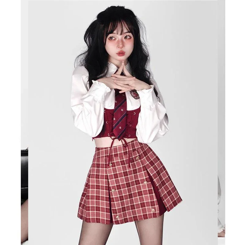 زي الطالب البريطاني للنساء، قميصين مزيف للكلية، تنورة قصيرة بطيات Jk، مجموعات تنورة قصيرة مثيرة، ملابس النادي، 2025 Hot