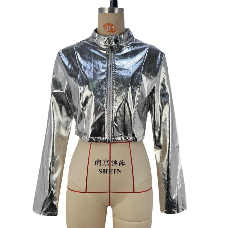 Damen mäntel Herbst-und Winter mode Pu Metallic Stehkragen Reiß verschluss Lederjacke für Damen