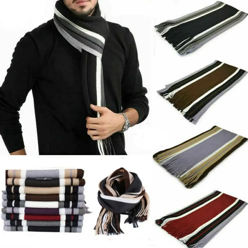 Image of Weiche Winter Lange Schal Kaschmir Männer Gestreiften Schal Mode Dicke Quaste Stola Hals Wrap Hals Warm