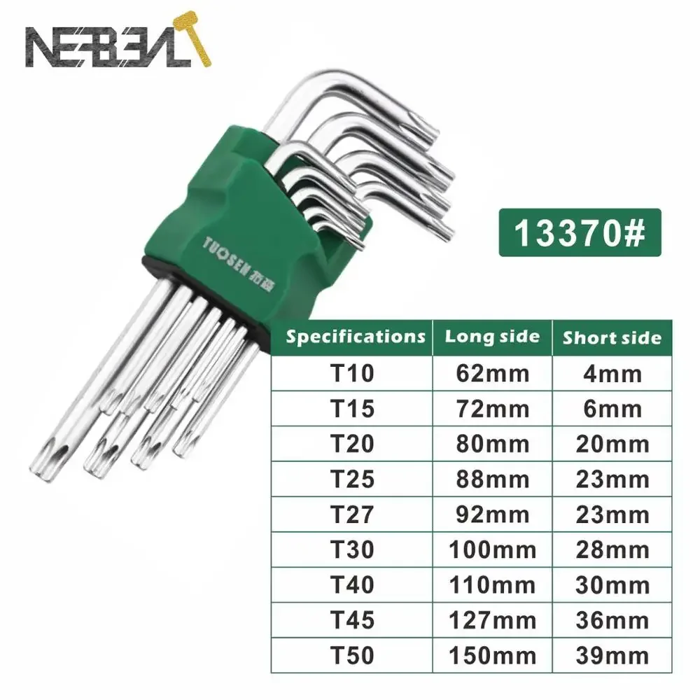 9Pcs L-Shape Torx Wrench Kit-T10 to T50 Hex Key Set, CR-V Steel Hand Tool with Storage Bag for DIY & Home Repair