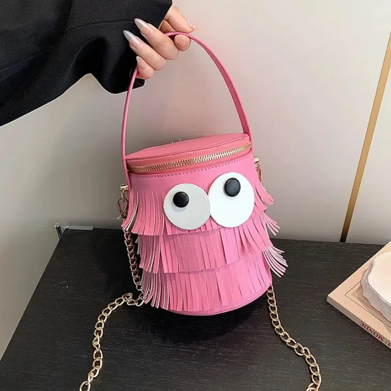 Cartoon Cute Eye Bags for Women 2024 New Unique Creative Small Handbag Fashion Leather Tassel Barrel Shaped Woman Shoulder Bag