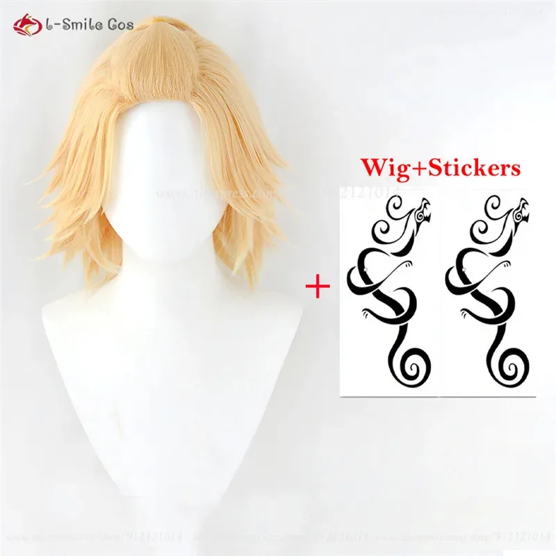 CyAnime Manjiro Sano Cosplay Wig Golden Short Mikey Anime Cosplay Wig With Stickers Heat Resistant Synthetic Hair + Wig Cap view 6