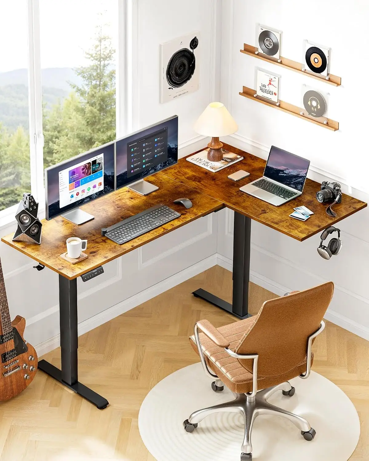 L Shaped Electric Standing Desk Adjustable Height Vintage Brown 71