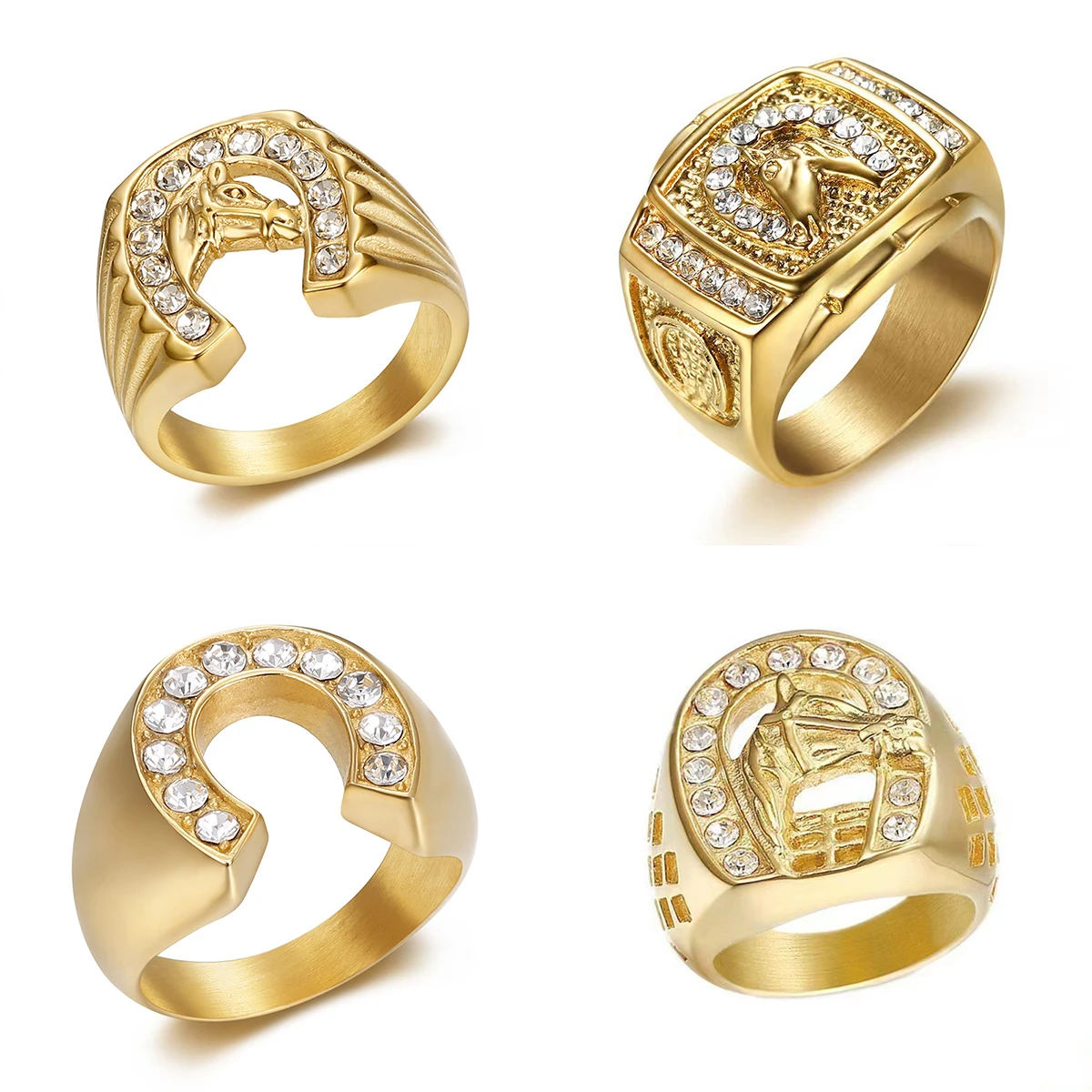 

Crystal Iced Out Horse Ring Hip Hop Stainless Steel 18k Gold Plated Gothic Design Jewelry for Men Women Party Gift