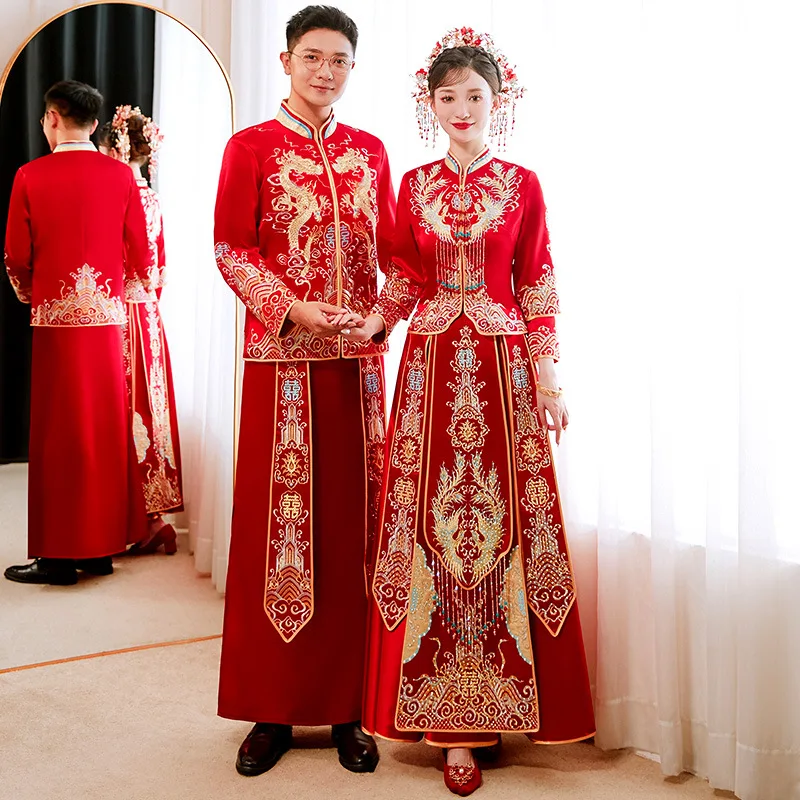 

Lovers Wedding Dress Sparkly Sequins Dragon Phoenix Embroidery Cheongsam Chinese Style Beaded Tassel Qipao китайская одежда